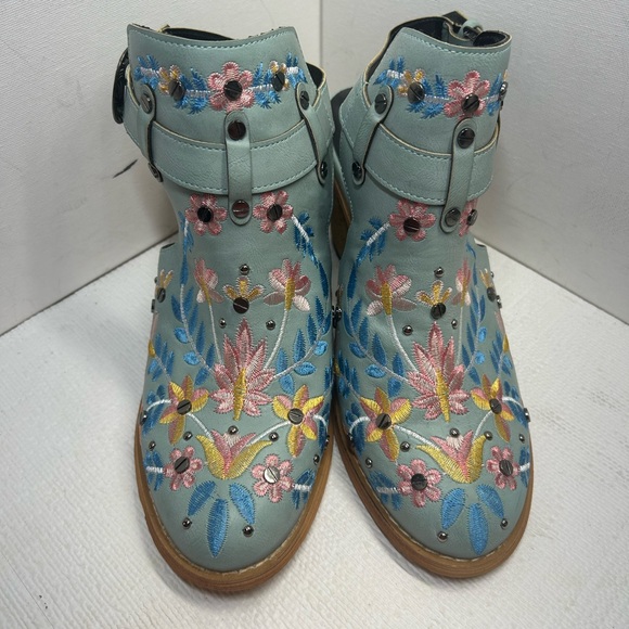 Blue Embroidered Studded Slingback Chunky Heeled Ankle Boots - Women’s Size 8 - Picture 2 of 11